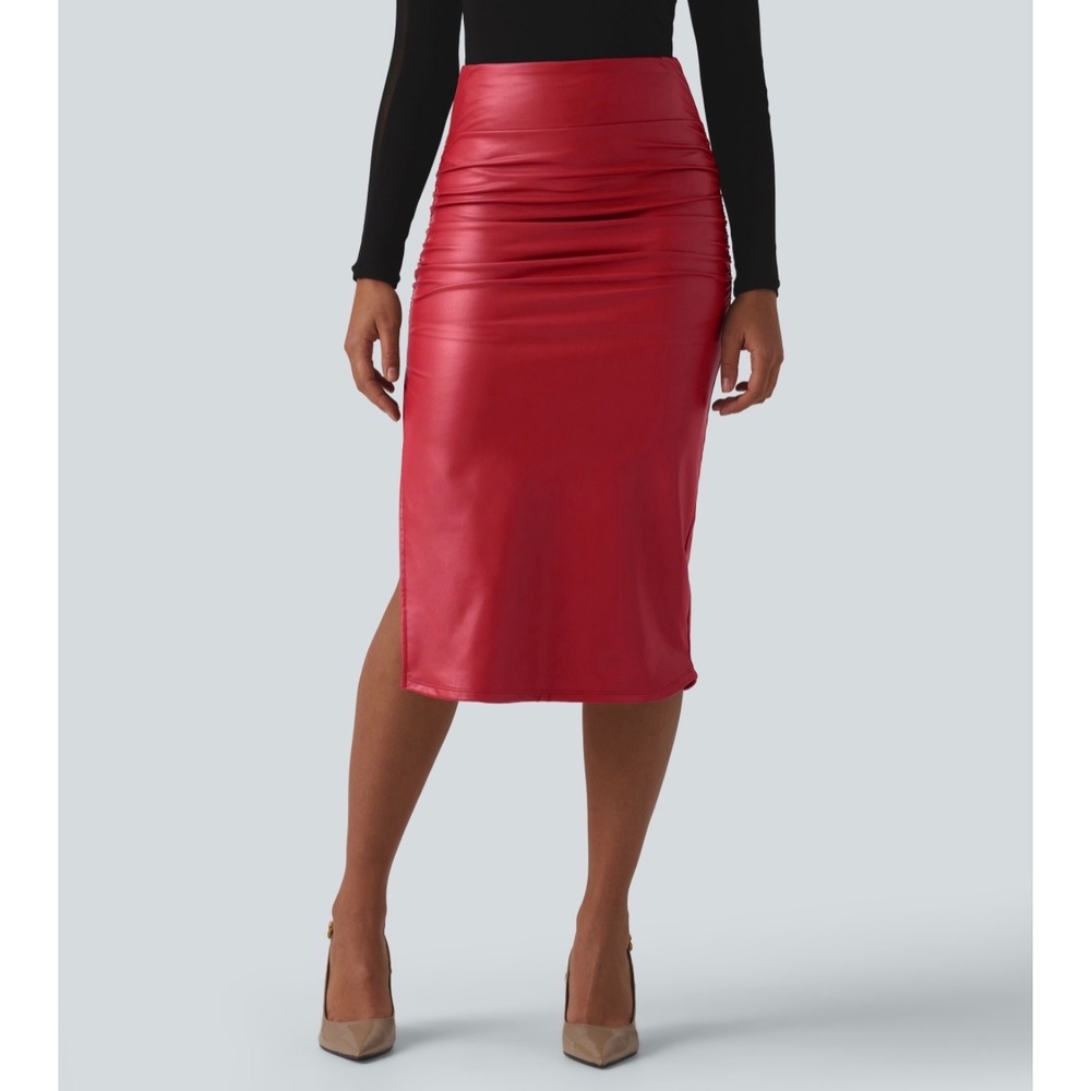 Halara Red Faux Leather Ruched Midi Skirt High Waisted Tummy Control XS NWT
